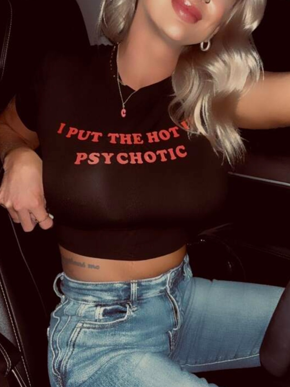 Black Crop Top with Red Slogan - Women